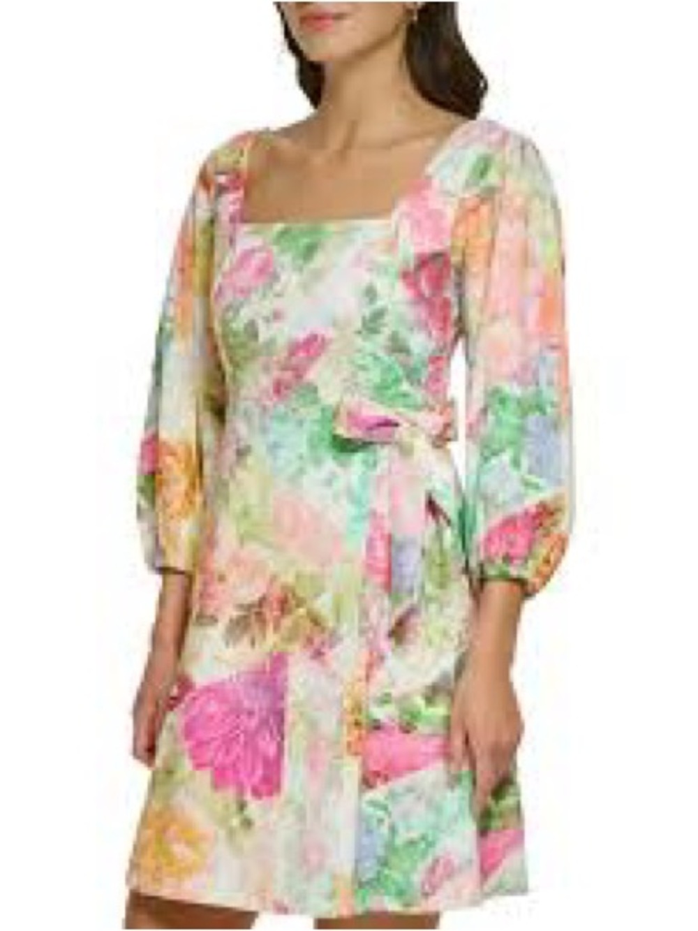Vince Camuto Pastel Floral Square-Neck Puff Sleeve Dress
